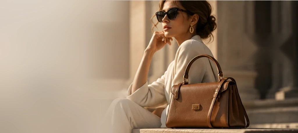 Conceptual cognac leather handbag with fashion editorial styling
